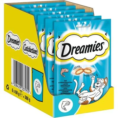 Dreamies, 6 x 60 g, przysmak dla kotów o smaku łososia. Opakowanie zbiorcze z widocznym kodem kreskowym i grafiką kota.