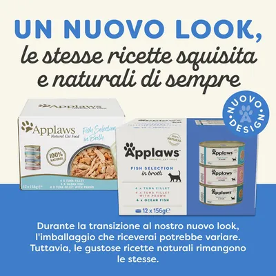 Applaws Fish Selection in Broth, nuovo design dell’imballaggio. Durante la transizione il packaging può variare, ma le ricette naturali restano invariate. Testo in italiano.