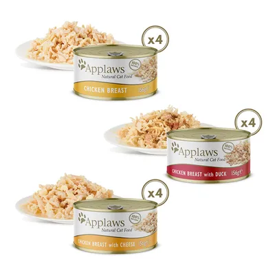 Applaws Natural Cat Food, 100 % luonnollinen. Lajit: Chicken Breast, Chicken Breast with Duck, Chicken Breast with Cheese. Pakkauskoko: 4x156g per laji.