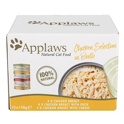 Applaws Natural Cat Food, Chicken Selection in Broth, 100% natuurlijk. Inhoud: 4x kipfilet, 4x kipfilet met eend, 4x kipfilet met kaas, 12x156g.
