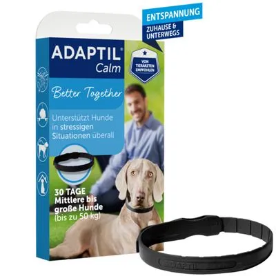 ADAPTIL Calm halsbandverpakking met tekst: 'Unterstützt Hunde in stressigen Situationen überall', '30 Tage mittlere bis große Hunde (bis zu 50 kg)'. Zwart halsband zichtbaar.
