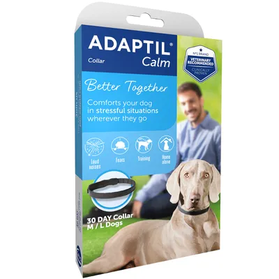 Συσκευασία ADAPTIL Calm Collar για σκύλους M/L, 30 ημερών. Εμφανίζονται εικονίδια: δυνατοί θόρυβοι, φόβοι, εκπαίδευση, μόνος στο σπίτι. Αγγλικό κείμενο στη συσκευασία.
