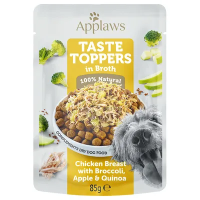 Applaws Taste Toppers ve vývaru, 100% přírodní. Kuřecí prsa s brokolicí, jablkem a quinoou. Doplněk ke granulím pro psy. Velikost balení: 85g.