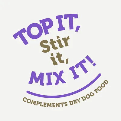 Текстово изображение: TOP IT, Stir it, MIX IT! Добавка към суха храна за кучета.