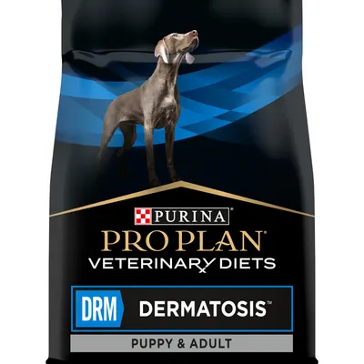 Purina Pro Plan Veterinary Diets DRM Dermatosis за кученца и възрастни кучета. Опаковка с изображение на куче и синьо-черен дизайн.