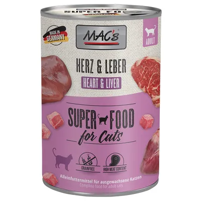 Conservă MAC's Super Food for Cats, Herz & Leber (Heart & Liver), pentru pisici adulte, fără cereale, conținut ridicat de carne. Made in Germany. Text în germană și engleză pe ambalaj.