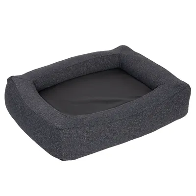 Rectangular, dark grey bed with padded edge and black lying surface. Suitable for pets.