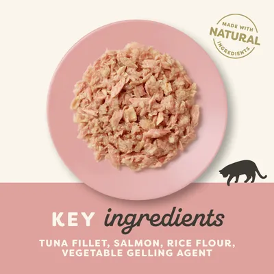 Tekst na engleskom: Made with natural ingredients. Key ingredients: tuna fillet, salmon, rice flour, vegetable gelling agent. Prikaz hrane za mačke na ružičastom tanjuru.