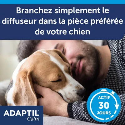 Branchez simplement le diffuseur dans la pièce préférée de votre chien. ADAPTIL Calm. Actif 30 jours.