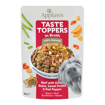 Applaws Taste Toppers in Broth, 100% Natural. Говеждо с зелен фасул, сладък картоф и червен пипер, 85 г. Изображение на купа с храна за кучета и снимка на куче.