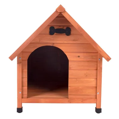Niche pour chien en bois avec entrée arrondie, toit à deux pentes et motif os noir sur la façade. Pieds avec embouts noirs visibles.