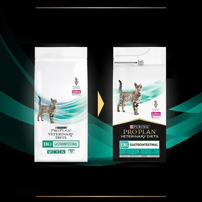 Две опаковки Purina Pro Plan Veterinary Diets EN Gastrointestinal за котки, показващи промяна в дизайна. Видими са лого, надписи и изображение на котка.