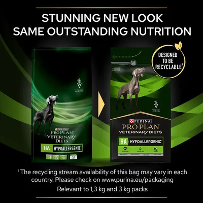 Image shows new packaging for Purina Pro Plan Veterinary Diets HA Hypoallergenic, highlighting a stunning new look, same outstanding nutrition, and designed to be recyclable.