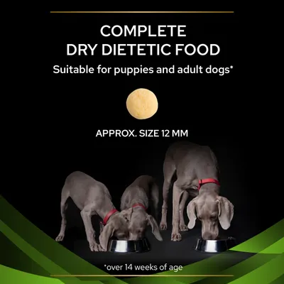 Complete dry dietetic food, suitable for puppies and adult dogs over 14 weeks of age. Kibble size approximately 12 mm. Image shows three dogs eating from bowls.