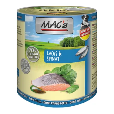 Conservă MAC's Lachs & Spinat, 70% carne, fără cereale, etichetă Made in Germany, imagine somon și spanac. Text vizibil: Ohne Soja, Ohne Farbstoffe, Ohne tier- und Knochenmehl.