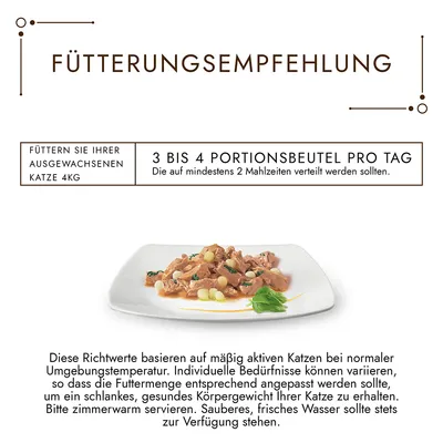 Fütterungsempfehlung: 3 bis 4 Portionsbeutel pro Tag für ausgewachsene Katzen (4kg), verteilt auf mindestens 2 Mahlzeiten. Frisches Wasser sollte stets zur Verfügung stehen.