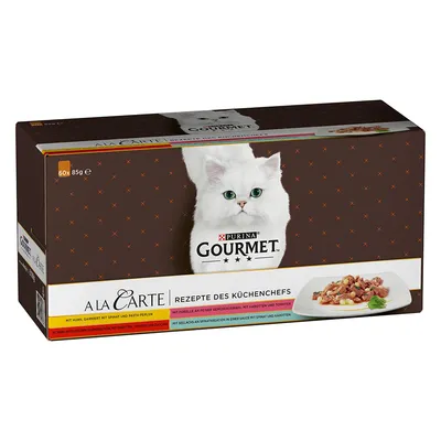 Purina Gourmet A La Carte Rezepte des Küchenchefs. 60x85g. Mit Huhn, Spinat, Pasta-Perlen, feiner Gemüseauswahl, Karotten und Tomaten.