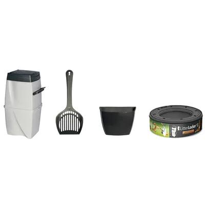 Kit LitterLocker II: contenedor blanco y gris, pala negra de plástico, recipiente negro y recambio circular con etiqueta visible 'LitterLocker II'.