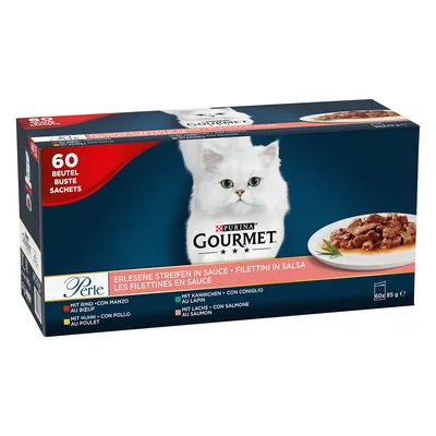 Boîte de 60 sachets Purina Gourmet Perle, filettinis en sauce pour chat, variétés : bœuf, poulet, lapin, saumon. Texte visible en français, allemand et italien.