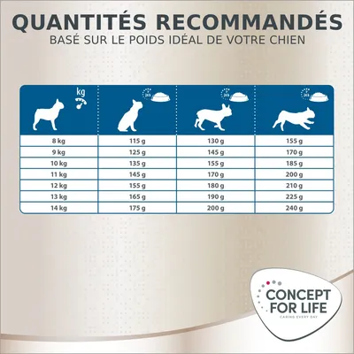 Tableau des quantités recommandées Concept for Life selon le poids idéal du chien : 8–14 kg, portions de 115 à 240 g par jour pour différents niveaux d’activité.