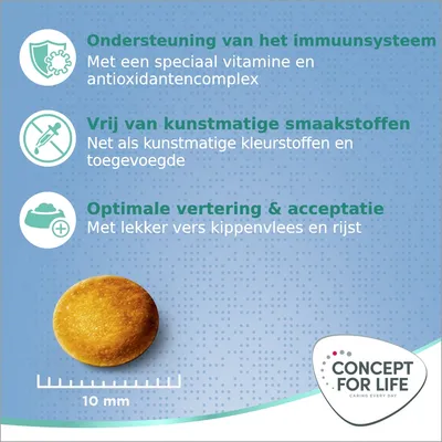 Ondersteuning van het immuunsysteem, vrij van kunstmatige smaakstoffen, optimale vertering & acceptatie. Brokje diameter 10 mm. Concept for Life.