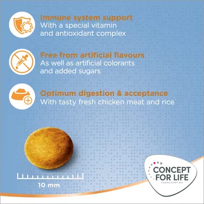 Testo in inglese: Immune system support, Free from artificial flavours, Optimum digestion & acceptance. Crocchetta tonda diametro 10 mm. Marchio Concept for Life.