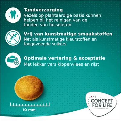 Tandverzorging, vrij van kunstmatige smaakstoffen, optimale vertering & acceptatie. Met vers kippenvlees en rijst. Brokmaat 10 mm. Concept for Life.