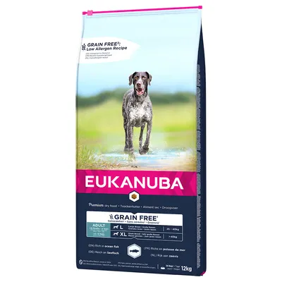 Eukanuba Premium hrană uscată pentru câini, fără cereale, bogată în pește de mare, potrivită pentru rase mari și foarte mari, pachet de 12 kg.
