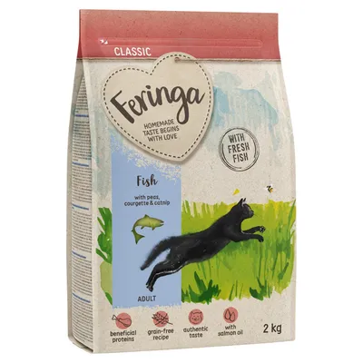 Feringa Classic Trockenfutter für Katzen, Sorte Fisch mit Erbsen, Zucchini und Katzenminze. Getreidefrei, mit frischem Fisch, authentischer Geschmack, mit Lachsöl. Packungsgröße: 2 kg.