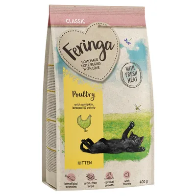 Feringa Classic Kitten hrană uscată pentru pisici, pasăre cu dovleac, broccoli și mentă pentru pisici, fără cereale, carne proaspătă, 400g. Pentru creștere optimă și cu taurină.