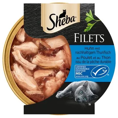 Sheba Filets kattenvoer, zichtbaar kipfilet en tonijn. Tekst: Huhn mit nachhaltigem Thunfisch, au Poulet et au Thon issu de la pêche durable. MSC-keurmerk voor duurzame visserij.