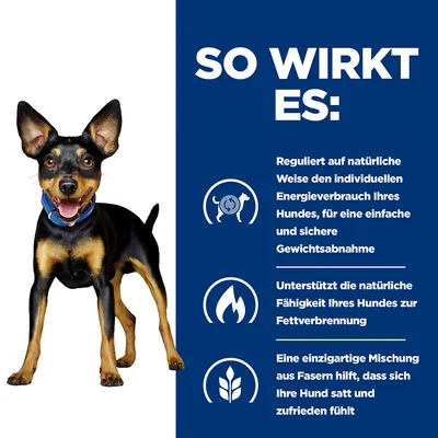 Texte en allemand : régule la dépense énergétique du chien pour une perte de poids, soutient la combustion des graisses, mélange de fibres pour satiété et satisfaction.