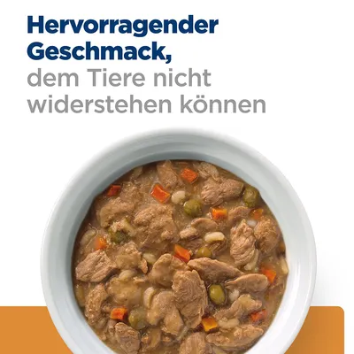 Texte en allemand : Hervorragender Geschmack, dem Tiere nicht widerstehen können. Bol de nourriture humide avec morceaux de viande, carottes et petits pois visibles.