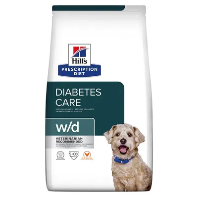 Hill's Prescription Diet Diabetes Care w/d, raccomandato dal veterinario, confezione con cane, simboli: Great Nutrition, S+OX Shield, cuore arancione.