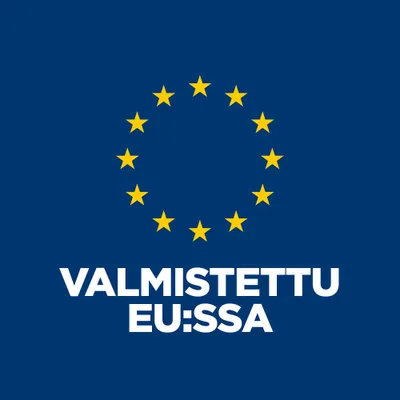 VALMISTETTU EU:SSA, EU-tähtikehän ympäröimänä. Merkintä valmistuksesta Euroopan unionissa.