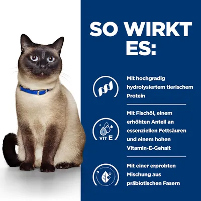 So wirkt es: Mit hydrolysiertem tierischem Protein, Fischöl mit essenziellen Fettsäuren und Vitamin E sowie präbiotischen Fasern. Siamkatze links im Bild.