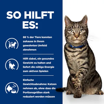 So hilft es: 88 % der Tiere konnten zuhause in ihrem gewohnten Umfeld abnehmen. Hilft, ein gesundes Gewicht zu halten und Energie für aktives Spielen zu liefern. Einfache Gewichtsabnahme.