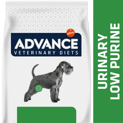 Advance Veterinary Diets Urinary Low Purine. Confezione con cane e simbolo verde per le vie urinarie.