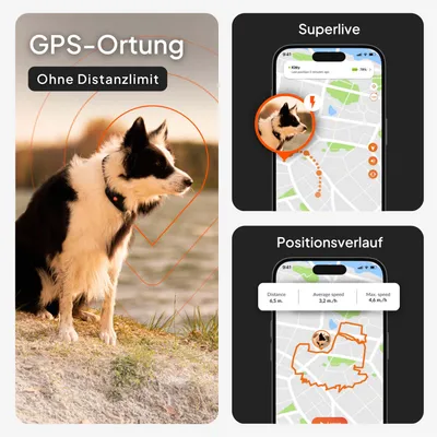 GPS-Ortung ohne Distanzlimit, Superlive-Tracking und Positionsverlauf mit Anzeige von Distanz, Durchschnittsgeschwindigkeit und Maximalgeschwindigkeit auf dem Smartphone.