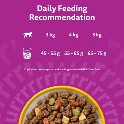 Feeding recommendation: 3 kg cat 45–55 g, 4 kg 55–65 g, 5 kg 65–75 g dry food daily. 20 g dry food can be replaced with 1 × 85 g WHISKAS wet food.