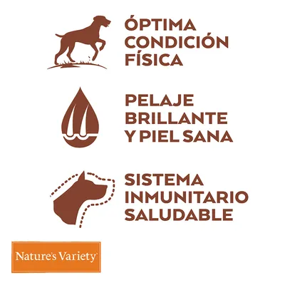 Nature’s Variety. Текст на испанском: óptima condición física, pelaje brillante y piel sana, sistema inmunitario saludable.