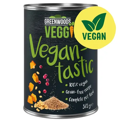 Greenwoods Veggie Vegan-tastic, 100 % vegansko, receptura brez žit, popolna hrana za živali, 375 g. Rumeni veganski simbol z zelenimi listi je viden.