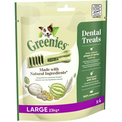 Greenies Dental Treats für Hunde ab 23kg, hergestellt mit natürlichen Zutaten. Hilft Plaque und Zahnstein zu reduzieren. Entwickelt mit Tierärzten. Packung enthält 4 Stück.