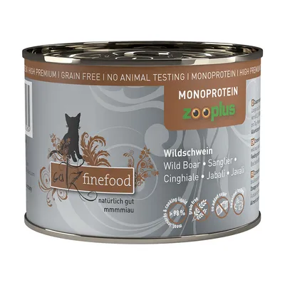 Catz finefood консерва с диво прасе, монопротеин, без зърнени храни, без тестване върху животни, 98% месо и бульон. Видимо лого на Zooplus.