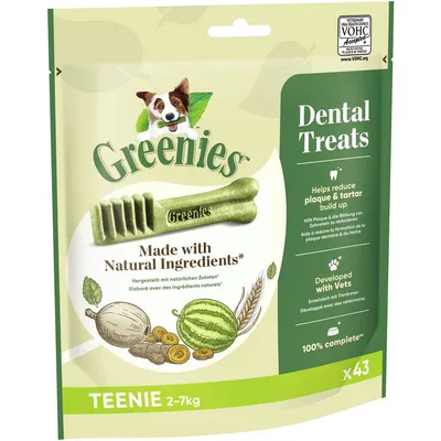 Greenies Dental Treats Teenie 2-7kg, hergestellt mit natürlichen Zutaten. Hilft Plaque und Zahnstein zu reduzieren. Entwickelt mit Tierärzten. Packung enthält x43 Stück.