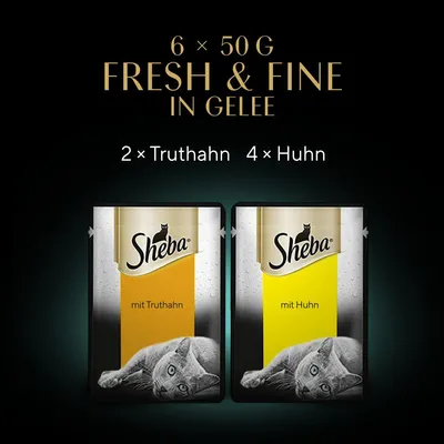 Sheba Fresh & Fine in Gelee, 6 x 50 g. Packung enthält 2 x Truthahn und 4 x Huhn.