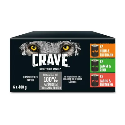 CRAVE 6 x 400g pack, visible text: 100% natürlichem tierischem protein, x2 Huhn & Truthahn, x2 Lamm & Rind, x2 Lachs & Truthahn. Wolf eyes graphic on black box.