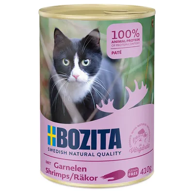 Konzerva BOZITA Swedish Natural Quality, 100 % animal protein of protein content, paté, mit Garnelen Shrimps/Räkor, grain free, 410 g. Na obalu je černobílá kočka.