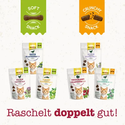 GimCat Snacks für Katzen: Soft Snack und Crunchy Snack. Sorten: Ente Blaubeeren, Huhn Thymian, Lachs Petersilie, Truthahn Cranberries, Huhn Rosmarin, Ente Katzenminze. Raschelt doppelt gut!