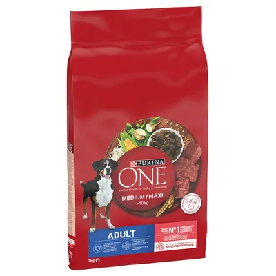 Purina ONE Adult Medium/Maxi >10кг, корм для собак с видимыми ингредиентами: мясо, овощи и злаки. Упаковка: 7кг.